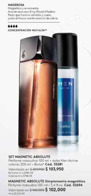Ésika SET MAGNETIC ABSOLUTE Perfume masculino 100 ml + ésika Men Active colonia 200 ml + Bolsa oferta