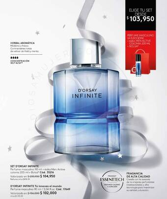 Ésika SET D'ORSAY INFINITE Perfume masculino 90 ml + ésika Men Active colonia 200 ml + Bolsa oferta