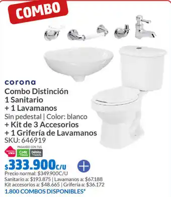 Homecenter corona Combo Distinción 1 Sanitario + 1 Lavamanos + Kit de 3 Accesorios + 1 Grifería de Lavamanos oferta