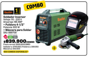 Homecenter Bauker Soldador Inversor 110-220 V + Pulidora 4-1/2" 820 W + Máscara para Soldar oferta