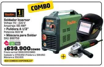 Homecenter Bauker Soldador Inversor 110-220 V + Pulidora 4-1/2" 820 W + Máscara para Soldar oferta