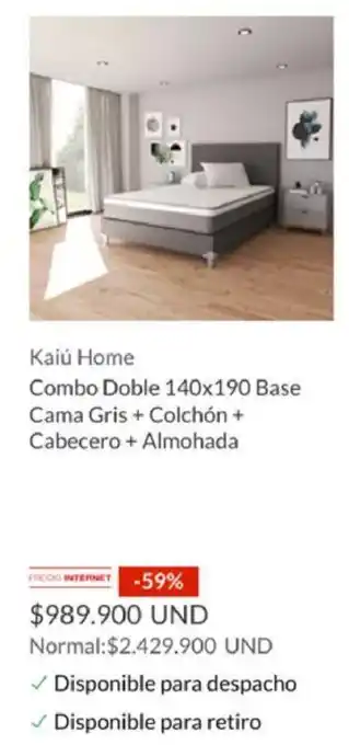 Homecenter Kaiú Home Combo Doble 140x190 Base Cama Gris + Colchón + Cabecero + Almohada oferta