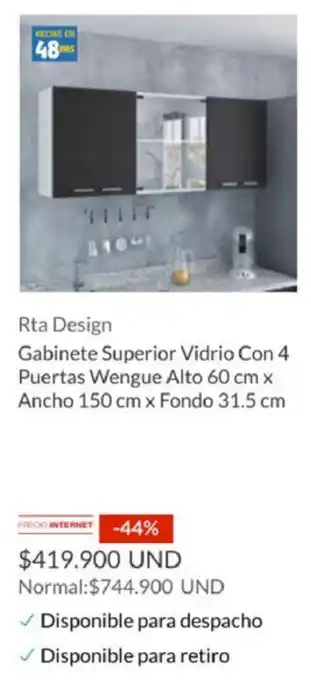 Homecenter Rta Design Gabinete Superior Vidrio Con 4 Puertas Wengue Alto 60 cm x Ancho 150 cm x Fondo 31.5 cm oferta