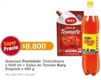 Makro Gaseosa Postobón Colombiana x 1500 ml + Salsa de Tomate Bary Doypack x 400 g oferta