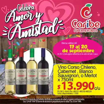 Caribe Supermercados Vino Corso Chileno, Cabernet, Blanco Sauvignon, o Merlot x 750ml oferta