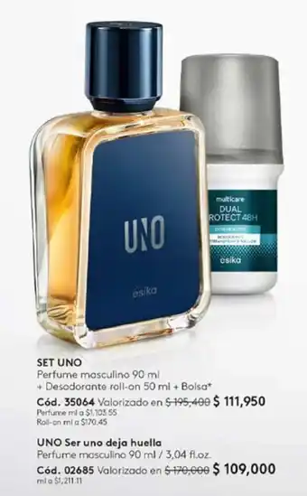 Ésika SET UNO Perfume masculino 90 ml + Desodorante roll-on 50 ml + Bolsa oferta