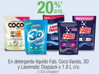 Jumbo En detergente líquido Fab, Coco Varela, 3D y Lavomatic Doypack x 1.8 L c/u oferta