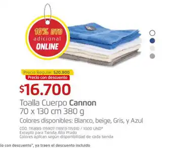 Makro Toalla Cuerpo Cannon 70 x 130cm 380g oferta