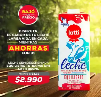 Tiendas D1 LECHE SEMIDESCREMADA EQUILIBRIO TETRAPAK UHT LATTI 900ML oferta
