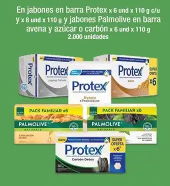 Jumbo En jabones en barra Protex x 6 und x 110 g y x 8 und x 110 g y Palmolive en barra avena y azúcar o carbón x 6 und x 110 g oferta