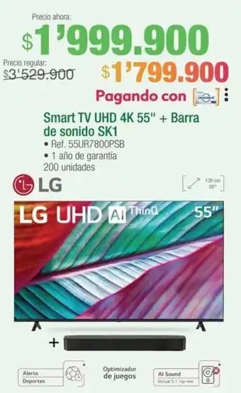 Jumbo LG Smart TV UHD 4K 55" + Barra de sonido SK1 oferta