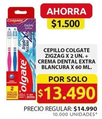 CEPILLO COLGATE ZIGZAG X 2 UN. + CREMA DENTAL EXTRA BLANCURA X 60ML