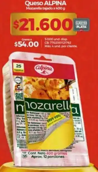 Queso ALPINA Mozarella tajado x 400g