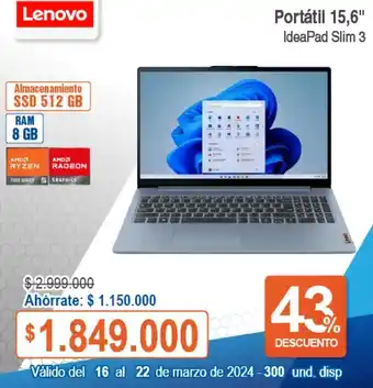 Alkosto Lenovo Portátil 15,6" IdeaPad Slim 3 oferta