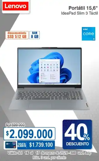Alkosto Lenovo Portátil 15,6" IdeaPad Slim 3 Táctil oferta