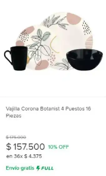 Mercado Libre Vajilla Corona Botanist 4 Puestos 16 Piezas oferta