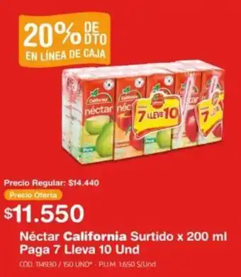 Makro Néctar California Surtido x 200ml Paga 7 Lleva 10 Und oferta