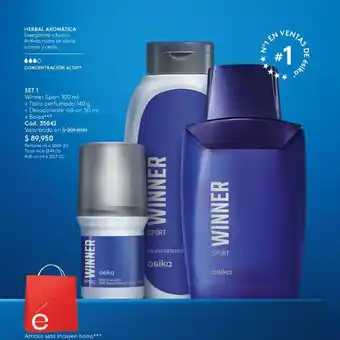 Ésika SET Winner Sport 100 ml + Talco perfumado 140 g + Desodorante roll-on 50 ml + Bolsa oferta