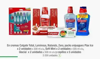 Jumbo En cremas colgate total, luminous, naturals, zero, packs enjuagues plax ice x 2 unidades x 500 ml c/u, soft mint x 2 unidade oferta