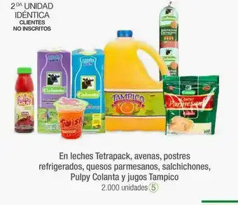 Jumbo En leches tetrapack, avenas, postres refrigerados, quesos parmesanos, salchichones, pulpy colanta y jugos tampico oferta