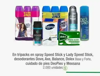 Jumbo En tripacks en spray speed stick y lady speed stick, desodorantes dove, axe, balance, dolex base y forte, cuidado de pies deo oferta