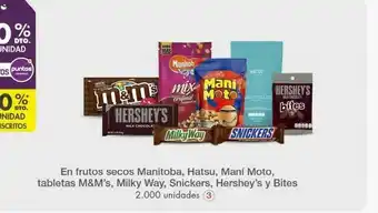 Metro En frutos secos manitoba, hatsu, maní moto, tabletas m&m´s, milky way, snickers, hershey`s bites oferta