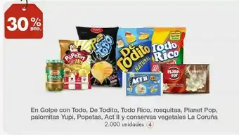 En golpe con todo, de todito, todo rico, rosquitas, planet pop, palomitas yupi, popetas, act ii y conservas vegetales la coru