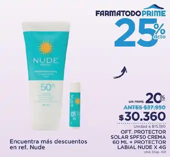 FarmaTodo OFT. PROTECTOR SOLAR SPF50 CREMA 60 ML + PROTECTOR LABIAL NUDE X 4G oferta