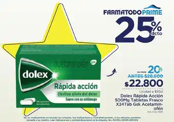 FarmaTodo Dolex Rápida Acción 500Mg Tabletas Frasco X24Tab Gsk Acetamin- ofén oferta