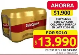 Ara SIXPACK DE CERVEZA CLUB COLOMBIA DORADA EN LATA X 330ML oferta
