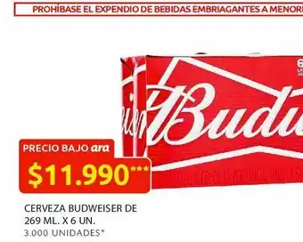 Ara Cerveza budweiser de 269 ml. x 6 un oferta