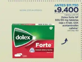 FarmaTodo Dolex Forte NF 500/65 mg Tabletas caja x 8 tab. GSK Acetaminofen cafeina oferta