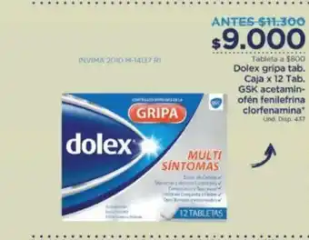 FarmaTodo Dolex Gripa Tab Caja x 12 Tab GSK Acetaminofen Fenilefrina Clorfenamina oferta