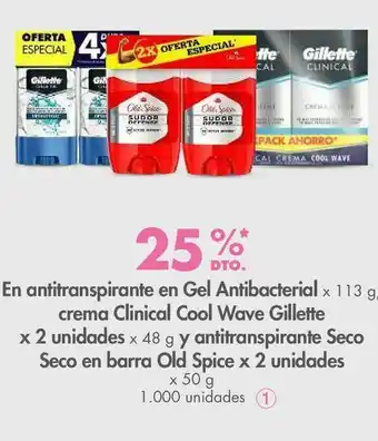 En antitranspirante en gel antibacterial x 113 g, crema clinical cool wave gillette x 2 unidades x 48 g y antitranspirante se