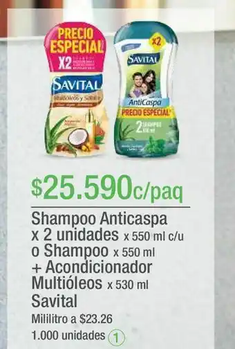 Jumbo Shampoo anticaspa x 2 unidades x 550 ml c/u o shampoo x 550 ml + acondicionador multióleos x 530 ml savital oferta