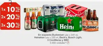 Metro En sixpacks budweiser lata x 269 mi, heineken lata x 330 ml, beck’s, busch ligth, 3 cordilleras y bbc oferta