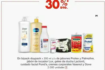 Metro En bipack doypack x 500 ml c/u de jabones protex y palmolive, jabón de tocador lux, geles de ducha lactovit, cuidado facial p oferta