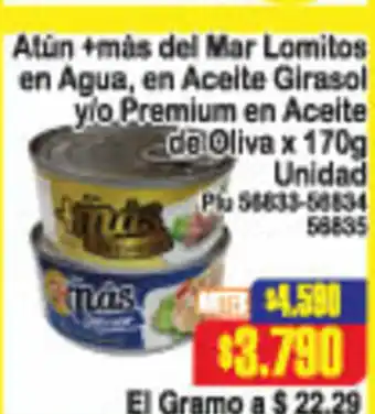 Atun +mas del Mar Lomitos en Agua, en Aceite Girasol y/o Premium en Aceite de Oliva x 170g