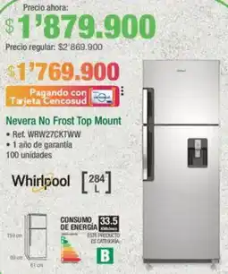 Jumbo Whirlpool nevera no frost top mount oferta