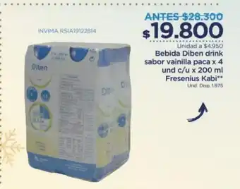 FarmaTodo Bebida Diben Drink Sabor Vainilla paca x 4 und c/u x 200 ml Fresenius Kabi oferta