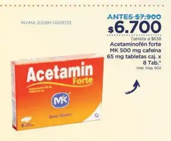 FarmaTodo Acetaminofen forte MK 500 mg cafeina 65mg tabletas caj. x 8 Tab oferta