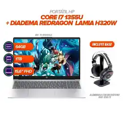 Falabella Portátil HP i7 1355U 64GB RAM 1TB SSD 156” FHD Diadema Redragon H320W con Base RGB oferta