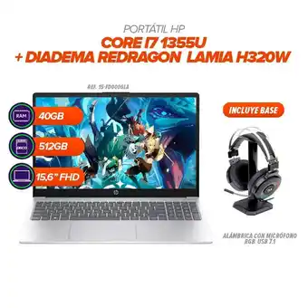 Falabella Portátil HP i7 1355U 40GB RAM 512GB SSD 156” FHD Diadema Redragon H320W con Base RGB oferta