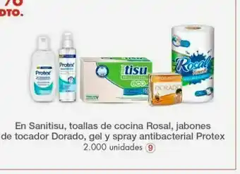 Metro En sanitisu, toallas de cocina rosal, jabones de tocador dorado, gel y spray antibacterial protex oferta