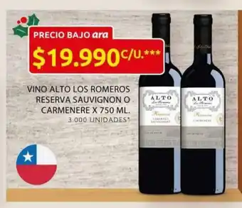 Ara Vino Alto Los Romeros Reserva Sauvignon o Carmenere x 750 ML oferta