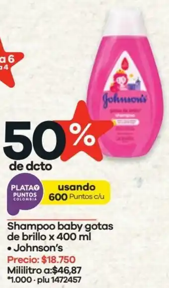 Éxito Shampoo Baby Gotas de Brillo Johnson's 400ml oferta