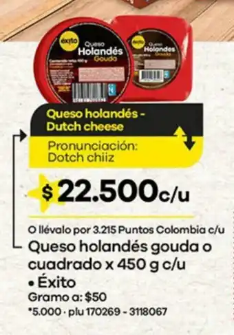 Éxito Queso holandes gouda o cuadrado x 450 g c/u Exito oferta