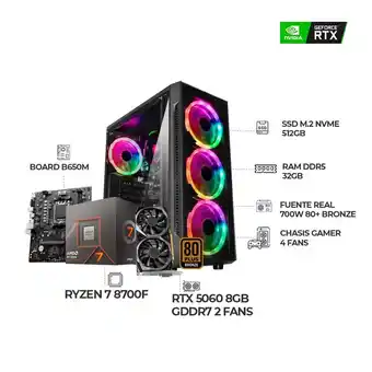 Falabella PC GAMER RYZEN 7 8700F + RTX 5060 8GB - RAM 32GB DDR5 SSD 512GB M.2 CHASIS RGB oferta