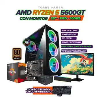 Falabella PC RYZEN 5 5600GT / RAM 24GB / 512GB SSD / BOARD A520 / MONITOR 22 / 700W 80+ oferta