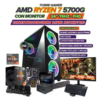Falabella PC GAMER RYZEN 7 5700G/ GRAFICA RX6600 8GB/ MONITOR 24 FHD/ RAM 64GB/ 512GB SSD oferta